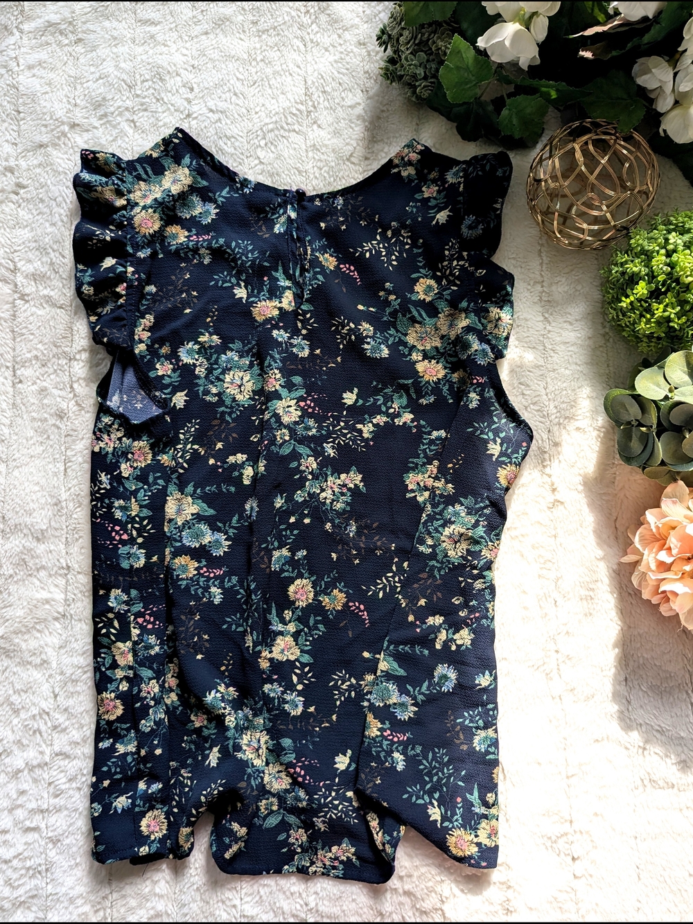 NWOT Ruffle Sleeve Floral Chiffon Top Navy Blue